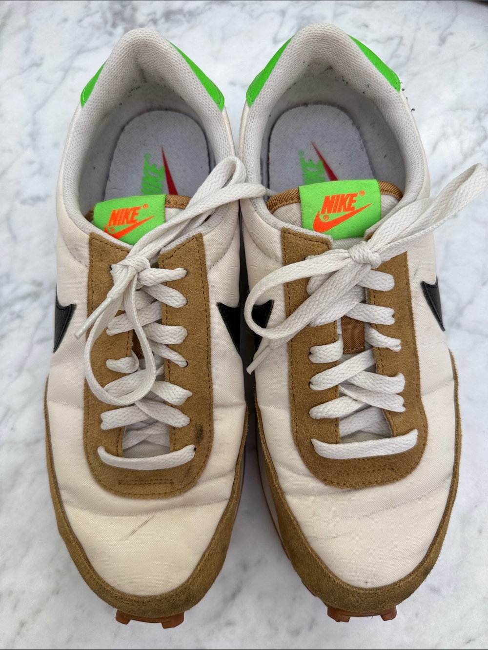 Nike White, Tan & Black Retro Runner with Neon Green Tongue Accents